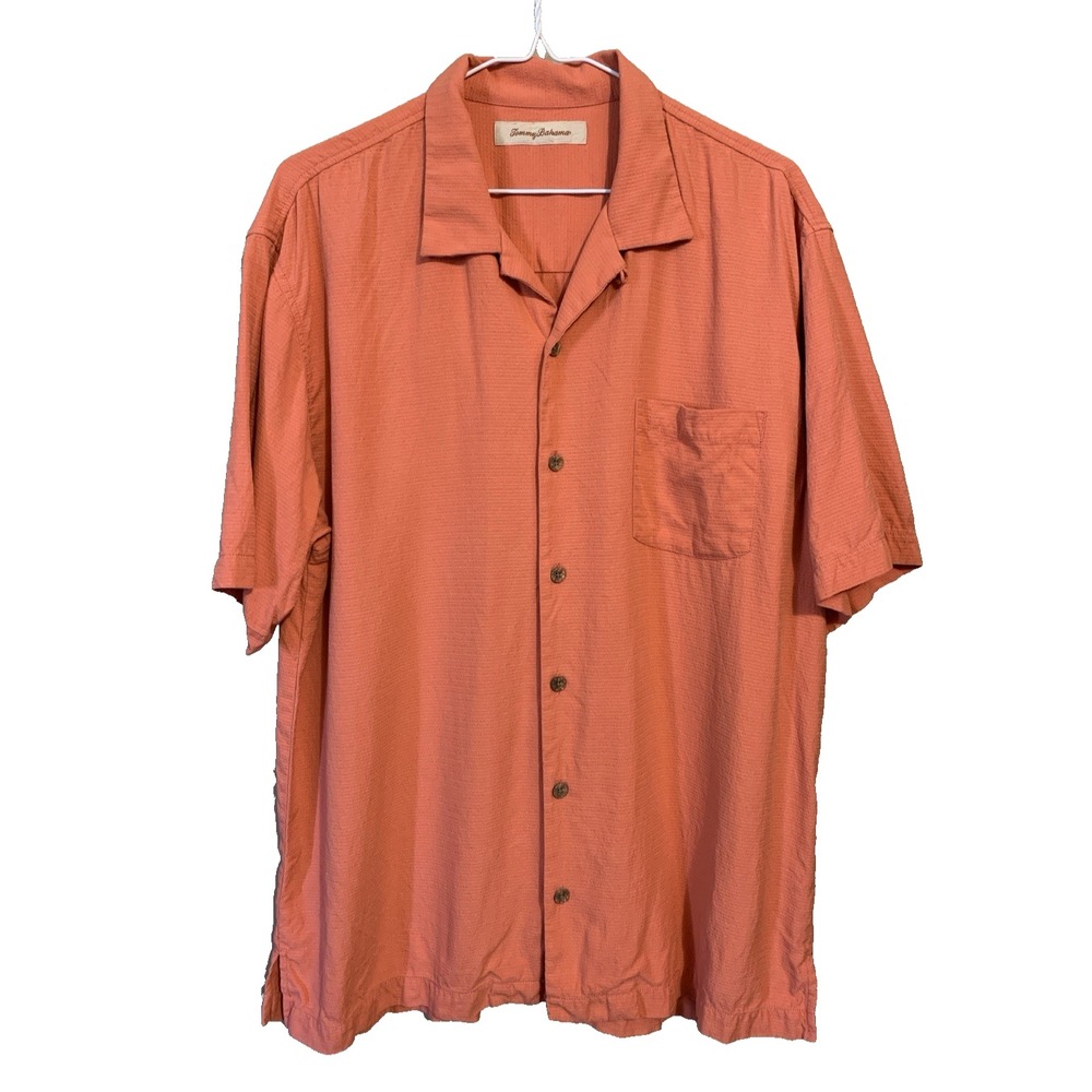 Tommy Bahama L 100% Silk Short Sleeve Button Up Shirt Coral Camp Beach Holiday